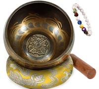 Tibetan Singing Bowl Set Small 8.5 cm with Chakra Bracelet & Clapper & Singing Bowl Cushion from Nepal Singing Bowl for Meditation School Yoga Relaxation - Yellow - Keliti