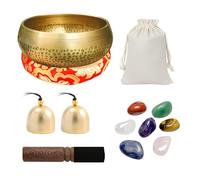 Tibetan Singing Bowl Set with Healing Stones, Meditation Singing Bowl Hand Hammered Brass with Wooden Beater, Singing Bowl Cushion and 2Pcs Brass Bell for Yoga Meditation Relaxation