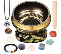Tibetan Singing Bowls Set for Healing 3.4 Inch Meditation Sound Bowl with 7 Pcs Chakra Crystal Stones Mallet Cushion Chakra Bracelet Pendant for Yoga Mindfulness Spiritual Healing (Black)