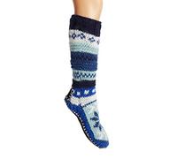Tibetan Socks Hand Knit Wool Fleece Lined Long Slipper Socks (Large, Blue)