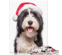 Tibetan Terrier Dog with Santa Hat Portrait Puzzle Brain Teaser Paper Rectangular Jigsaw Puzzle for Adults Teen 1000pcs (38x26cm)