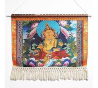 Tibetan Yellow Jambhala Thangka Wall Hanging Tapestry, Traditional Buddhist Art, Canvas with Tassels, Decorative Scroll Set with Metal Rod