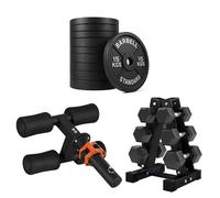 Tibialis Trainer Tib Bar with Hex Dumbbells & Weight Plates (Bumper/Cast Iron/Tri-Grip) + Storage Rack