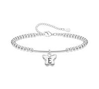 Tibond Delicate S925 Silver Bead Bracelet with Butterfly Initials Pendant for Women Girls Charm Letter Jewellery Gifts for Daughter Mum Christmas Birthday (E)
