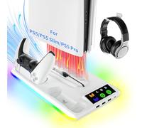 TicEaik Stand for PS5/Slim/Pro, PS5 Charger with 3USB & 1Type-C Ports, Vertical Cooling Fans and Dual Controller Charging Station, LED Light Stand for PS5/Slim/Pro Console