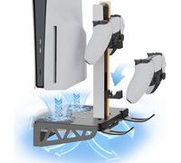 TicEaik Wall Mount for PS5 Pro/Slim with Charging Station, Stand with Dual Controller Charger and Headphone Hanger and 3-Level Silent Fan Accessories
