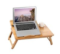 TICFOX Foldable Bamboo Laptop Desk Stand Breakfast Serving Bed Tray Table Height Adjustable with 4 Angles Tilting Top Drawer for Reading Writing Working Eating (Without Cooling Fan(Medium))