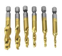 TICFOX HSS Hex Shank Tap Drill Bit Compound Tap 6PCS High Speed Steel M3/M4/M5 M6/M8/M10 Universal Hex Handle Aluminum Iron (Metric Titanium-Plated Gold 4341 6-Piece Set)