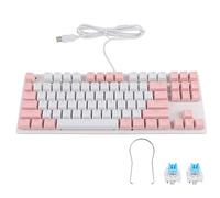 TICFOX Mechanical Gaming Keyboard 87 Key Mixed Light Wired USB Backlit Keyboard with Multimedia Buttons for PC Laptop Gamers ABS Material Pink White Style (White Pink with Cat Ears Decor)