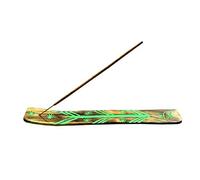 TICHI 2 X Handmade Wooden Brown Incense Stick Holder Burner with Green Hand Painted Pattern, Great Gift for Any Occasion size 10x1.5 inch