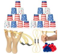 TICIAGA American Flag Patriotic Stacking Cups Game Set with Toss Sling Shot for Party, 4th of July USA Party Toss Game, Red and Blue Memorial Day Accessory 2 Wooden Slingshot 24 Cup 50 Pellet & 2 Band