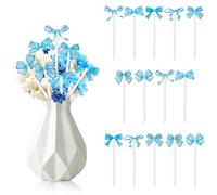 TICIAGA Blue Bow Wooden Pick - 14PCS Blue Bow Tie Double-sided Wooden Decorative Pick for Home Vase Filler Butterfly Knot Floral Wood Decorative Stick for Farmhouse Coquette Theme Decorations for Home
