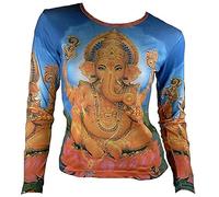 TICILA Damen Langarm T-Shirt Blau Popular Hindu Deity Gott God Lord Ganesh Ganesha Mantra Psychodelic Goa Trance Dj Beach Party Kunst Art Religion Star Designer Vintage Tattoo Design M 38/40