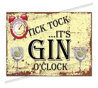 "Tick Tock Gin O'clock" Funny Metal Bar Sign | Retro Wall Plaque for Garden Bar, Home Pub & Kitchen | Vintage Father’s Day Gift | Small Man Cave Decor 15x10cm | Made in UK