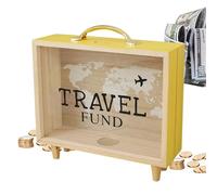 Ticket Shadow Box, Wooden Keepsake Display Box with Slots, Saving Money Box with World Map and Plane Design, Modern Tabletop Decorations
