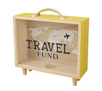 Ticket Shadow Box - Wooden Memory Box Frame With Slots | Money Saving Boxes With World Map Print And Plane Graphic, Tabletop Decor For Memories, Tickets, Travel Fund Storage