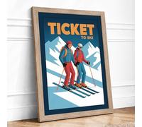 Ticket to Ski Modern Framed Wall Art Print A3 (42×29.7cm) Oak, Wall Decor