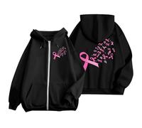 Tickled Pink Cancer Awareness Hoodie Women, Dual Ribbon Design Zip Up, Breathable Cotton Blend, Charity Support Gifts 2025 New