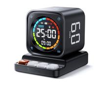 Ticktime TK3 Pomodoro Timer, Würfel-Timer mit 5/10/30/60 Min, 25/5 Pomodoro, Custom Countdown & Stoppuhr, Uhr, 3 Alarme, Lautlos/Vibration/Ton, für ADHS, Lernen, Küche, Arbeit, Schwarz
