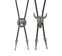 Ticome 2Pcs Cowboy Necklace Set,Cowboy Neck Tie, Men Leather Fashion Retro Necktie Rope Cord Bull Skull Bola Tie, Western Cow Skull Ranger Star Chain