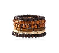 Ticome 6Pcs Wooden Bead Bracelet,Bohemian Holiday Commemorative Men's Multi-Layer Bead Wrist Adjustable Elastic Natural Retro Meditation Prayer Cuff Wrap Bangle Jewelry Set