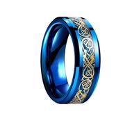 Ticome 8mm Gold Celtic Dragon Tungsten Carbide Ring,Men Stainless Steel Plating Pattern Personalize Comfort Fit Wedding Band Rings with Blue Carbon Fiber Inlay,Size 7