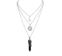 Ticome Hippie Gothic Layered Punk Necklace,Mysterious Multi-Layer Alloy Rose Necklace with Crescent Moon,Sun Pendant and Black Crystal Charm,Halloween Gothic Jewelry for Women