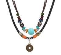 Ticome Leather Natural Boho Coin Necklace,Double Layered Ethnic Style Wooden and Metal Bead Long Chain,Creative and Minimalist Accessories