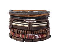 Ticome Multi Layer Cowhide Bracelet,Adjustable Handmade Wood Bead Wax Rope,Wooden Beaded Bracelet Bangle for Men Women,Bohemian Style Tourism Accessories(1set of 5 pcs)
