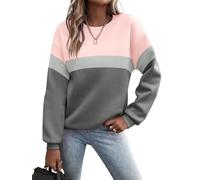 TICTICMIMI Women's Long Sleeve Tops Casual Color Block/Solid Cute Crewneck Sweatshirts Pullover Fall Shirts, A- Pink Grey, Large