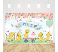 Ticuenicoa 5x3ft Spring Little Yellow Duck Theme Birthday Backdrop Colorful Cute Cartoon Animal Pink Flower Photography Background for Kids Girl Boy 1st Bday Party Decorations Cake Table Supplies