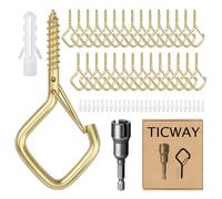 Ticway 30 Pcs Outdoor Hooks for String Lights,Screw Hooks for Hanging Plants,Ceiling Hooks with Safety Buckle,Square Hanger for Wind Chimes,Bird Feeder,Lanterns,Christmas Decorations Gold