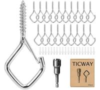 Ticway 30 Pcs Outdoor Hooks for String Lights,Screw Hooks for Hanging Plants,Ceiling Hooks with Safety Buckle,Square Hanger for Wind Chimes,Bird Feeder,Lanterns,Christmas Decorations Silver