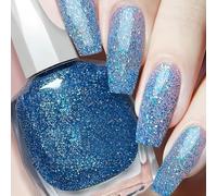 Tidal Glow Nail Polish Dark Blue Glitter Nail Varnish - Quick Dry Long Lasting Breathable Shimmer for Party Looks, Night Sky Effect, Dazzling Silver & Blue Sparkles, Glossy Finish for Women
