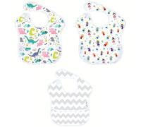 tiddler easy-bib | For 6-36 months | Waterproof & Wipe Clean | Integrated Spill Catch Pocket & Easy-Fit Adjustable Fasten | Lightweight & Machine Washable (3x (Fairies/Chevrons/Dinos))