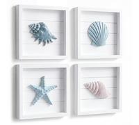 Tide and Tales 3D Seashells & Starfish Coastal Wall Art Decor (Framed Set of 4) Beach Wall Decor for Bathroom or Coastal Bedroom - Ocean Inspired Seaside Decorations for Home or Beach House (7"x7")