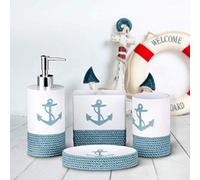Tide and Tales Nautical Bathroom Decor 4 Piece Bathroom Accessories Set | Rope and Anchor Bathroom Decor with Ocean and Sea Theme | Coastal Bathroom Soap Dispenser Set | Beach Bathroom Decor