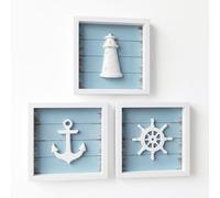 Tide and Tales Nautical Wall Decor (Framed Set of 3) with Anchor, Lighthouse & Ship Wheel, 3D Coastal Beach Decor Wall Art for Bathroom or Bedroom - Ocean Themed Nautical Decoration for Home (7"x7")
