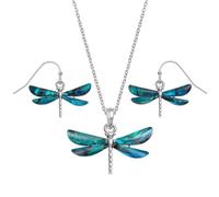 Tide Jewellery Blue Dragonfly Paua shell rhodium-plated pendant and earrings set