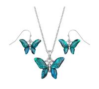 Tide Jewellery Blue/Green Butterfly Paua shell rhodium-plated pendant and earrings set