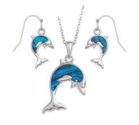 Tide Jewellery Blue/Green Dolphin Paua shell rhodium-plated pendant and earrings set