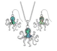 Tide Jewellery Blue/Green Octopus Paua shell rhodium-plated pendant and earrings set