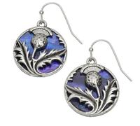 Tide Jewellery Inlaid Purple Paua Shell Scottish Thistle Hook Dangly Earrings