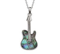Tide Jewellery Womens Guitar Pendant Necklace inlaid with Sustainably Sourced Paua Abalone Shell on 18 inch (45.7cm) Rhodium Plated Hypoallergenic Chain with Gift Box