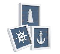 TideAndTales 3D Nautical Wall Decor (Famed Set of 3) Anchor, Lighthouse, and Ship Wheel - Rustic Beach Bathroom Coastal Theme Home Decor - Nautical Gifts, Classic Blue