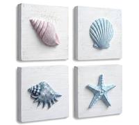 TideAndTales Beach Decor Seashell Wall Art - (Set of 4) Textured 3D Shells and Starfish Decorations for Home or Beach House, Rustic Ocean Theme Coastal Bedroom or Bathroom Wall Decor 6" x 6"