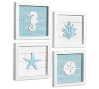 TideAndTales Ocean Beach Themed Room Decor (Framed Set of 4) Coastal 3D Wall Art with Starfish, Seahorse, Sand Dollar and Coral - Turquoise Coastal Room Decor - Seashell Beach Decorations for Home