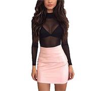 Tidecc Women Mesh Tops Long Sleeve See Through Transparent Mesh Stand Neck Sheer Blouses T-Shirt Tops Black