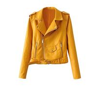 Tidecc Women Motorcycle Faux Leather Jacket Yellow Black Lady Biker Coat with Belt Outerwear (Tag XL/UK 14, Yellow)