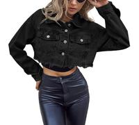 Tidecc Women's Cropped Denim Jacket Long Sleeve Button Down Fringe Raw Hem Ripped Jean Cardigan Outerwear Gray